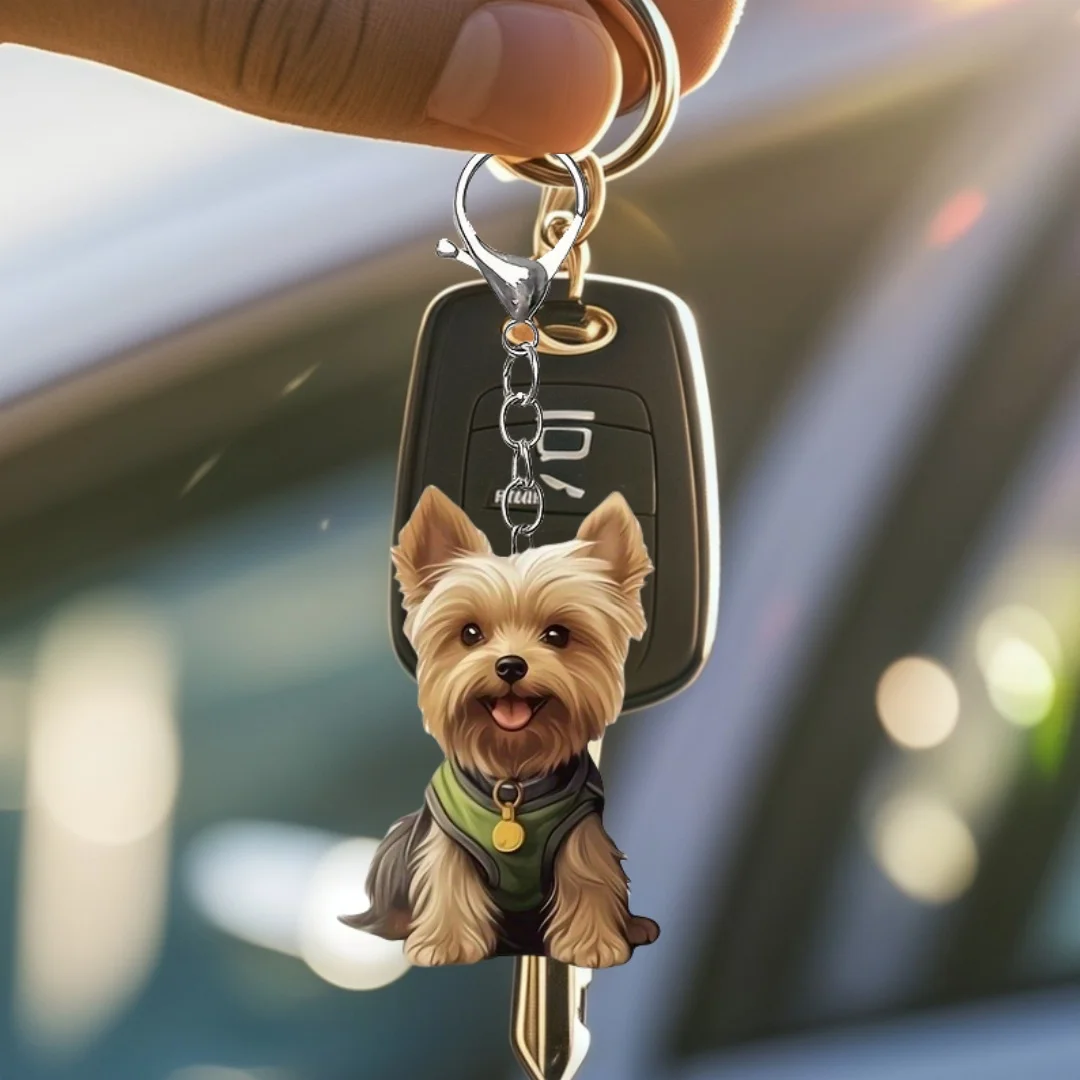 Porte-clés Pendentif Yorkshire Terrier, Chiot Mignon 2D Plat En Acrylique, Breloques Suspendues, Décoration Pour Sacs De Voiture, Cadeau De Fête Pour La Maison
