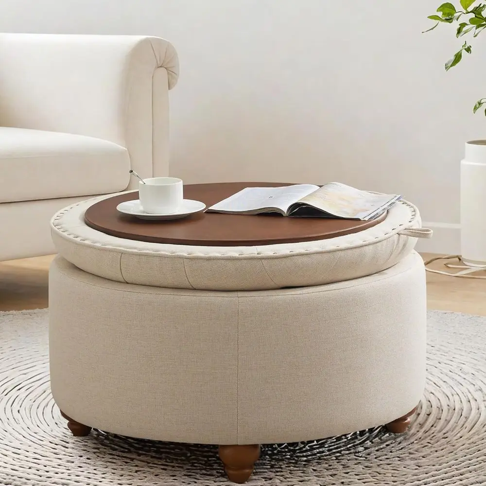 

24'' Round Ottoman Coee Table with Storage, Upholstered Tuted Ottoman with lip Tray, Solid Wood Legs or Living Room, Bedroom, Kh