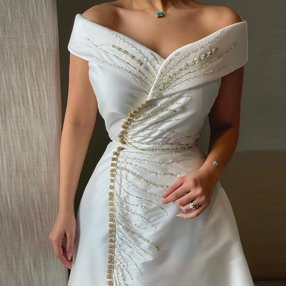 Elegant Off the Shoulder Delicate Beaded Bridal Gown Dubai Arabic Ankle Length A Line Wedding Dresses