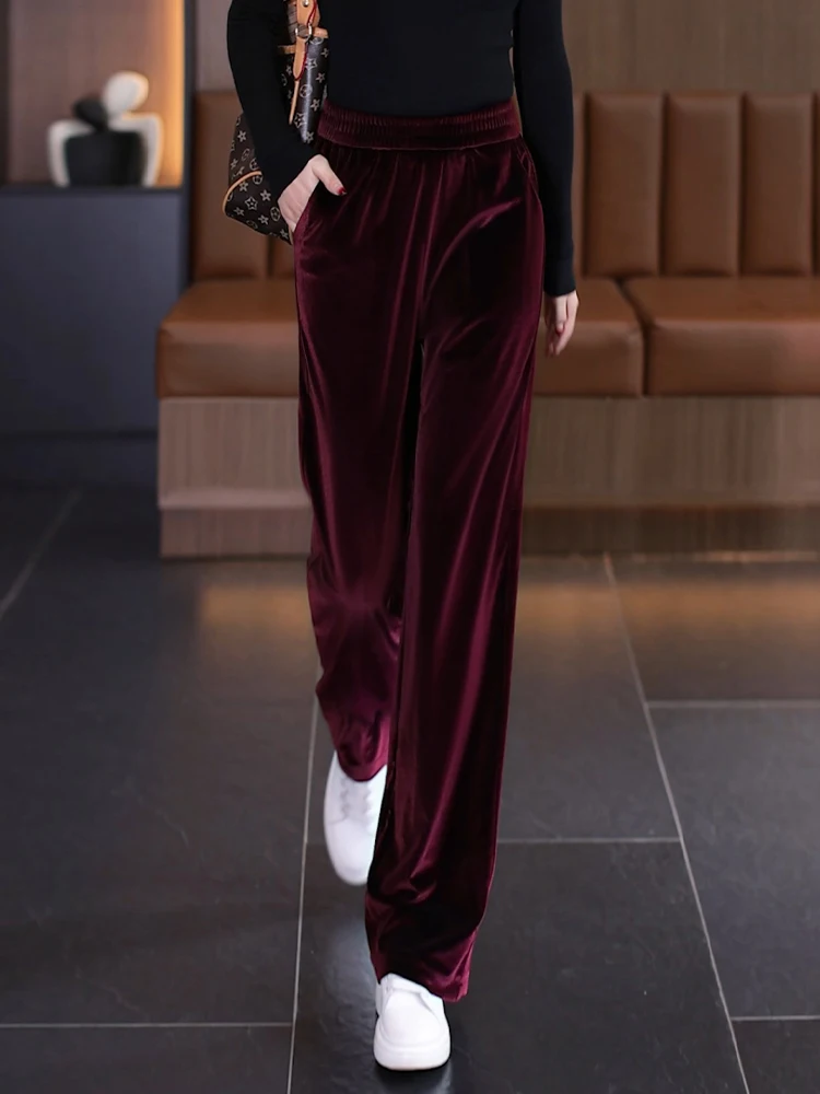

Ankela Red Gold Velvet Wide Leg Pants Women's Spring Autumn High Waist Elastic Loose Drape Casual Straight Leg Pants