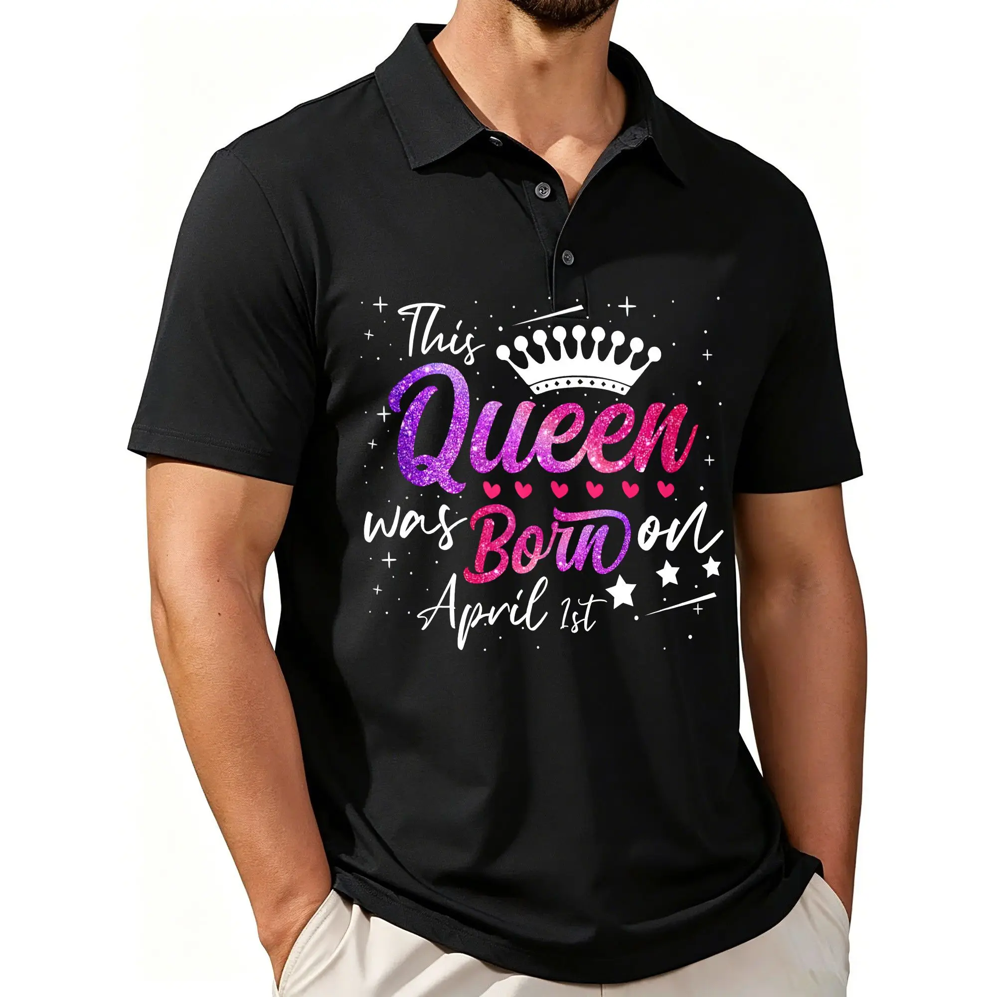 Men's Printed Short-Sleeved Polo Shirt with a Queen-Themed Design for April 1St Birthday, Featuring a Stylish and Casual Fit, Breathable Fabric, and Suitable for All Seasons.