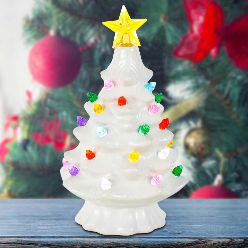 7 Inch Ceramic Christmas Village Decor Tree LED Topper Star Multicolored Lights Decorative Atmosphere Centerpiece Table Display