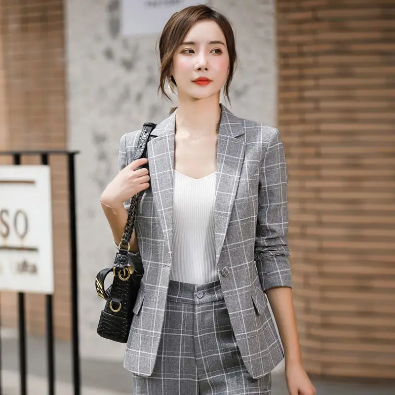 Plaid Splice Slim Fit Jacket Blazer Casual Wide Leg Pants Two Piece Elegant Women\'s Pants Suit Summer Office Business Set Outfit