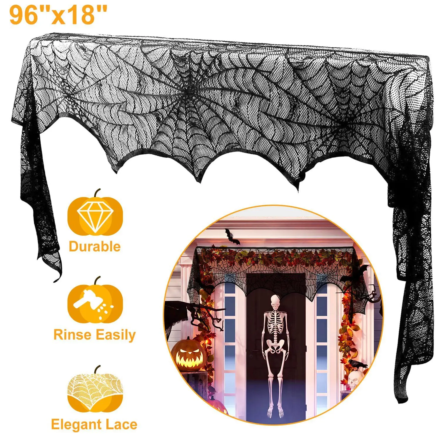 Halloween Fireplace Mantle Scarf - 96x18 Inch Black Lace Scarf with Spider Web, Bat & Spider Design