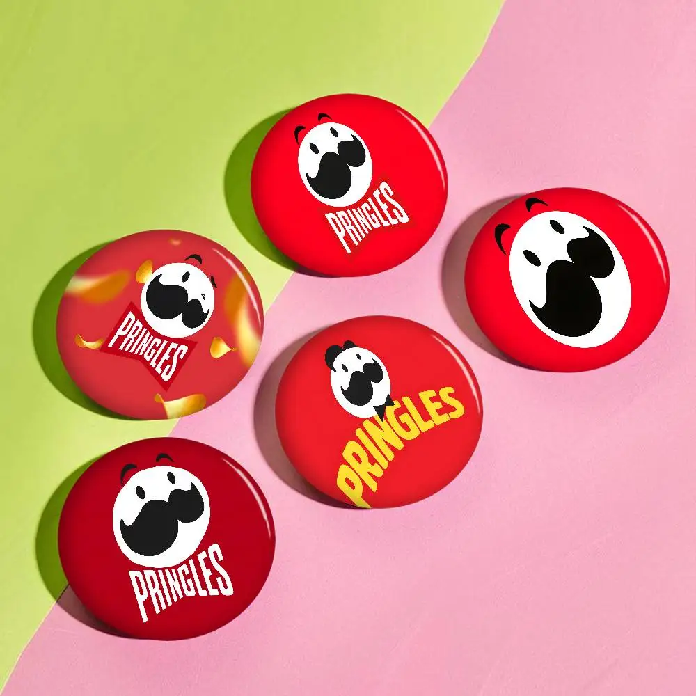 P-Pringles Snack-Vibrant 58mm Cute Anime Figure Icon Badge Handmade Tinplate Brooch for Backpack Clothes Chest Ornament Gifts