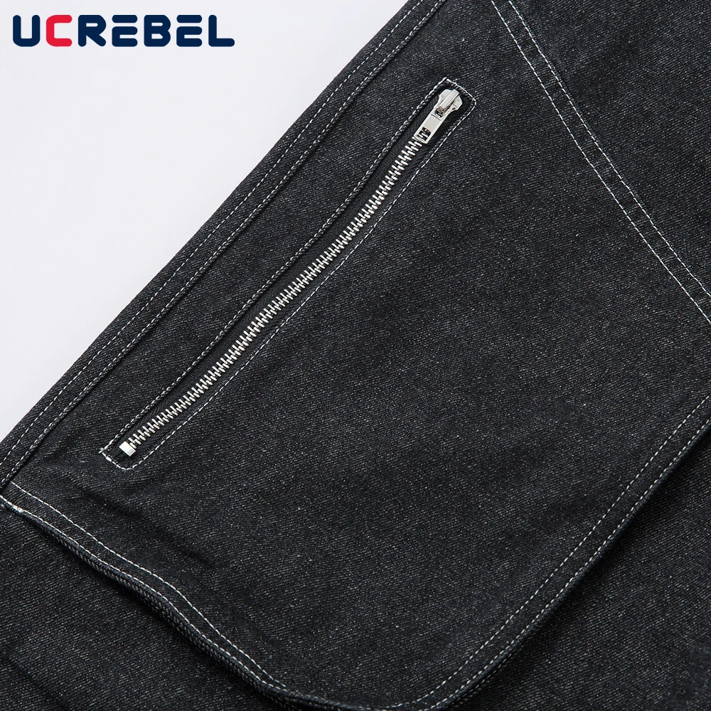 กระเป๋าซิป Spliced กางเกงยีนส์ Mens Hip Hop High Street ล้างหลวมขากว้าง Dark Denim กางเกงผู้ชาย