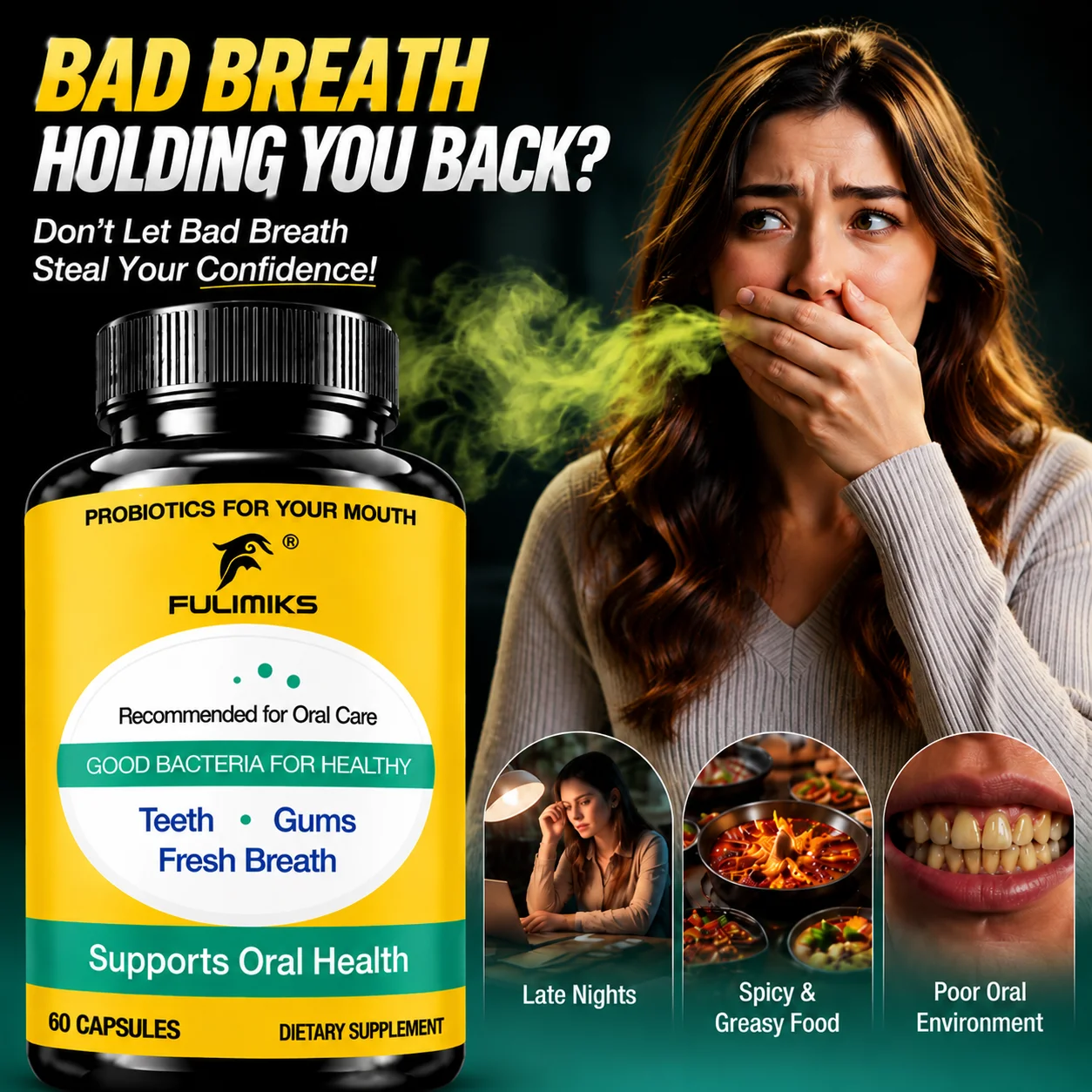 Oral Probiotics Supplement for Mouth Health, Good Bacteria for Teeth & Gums, Help Maintain Fresh Breath, Support Oral Microbial Balance, for Men & Women