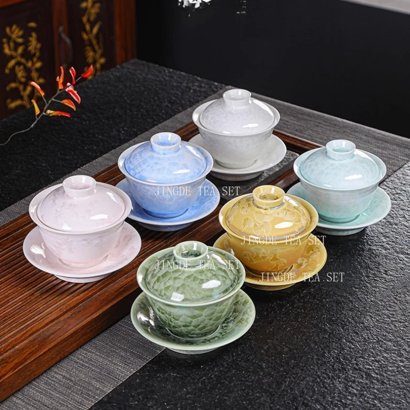 1pcs Ceramic Sancai Cover Bowl High End Household Heat-resistant Tea Bowl Chinese Tea Cup Tea Cup with Lid Teaset Accessories