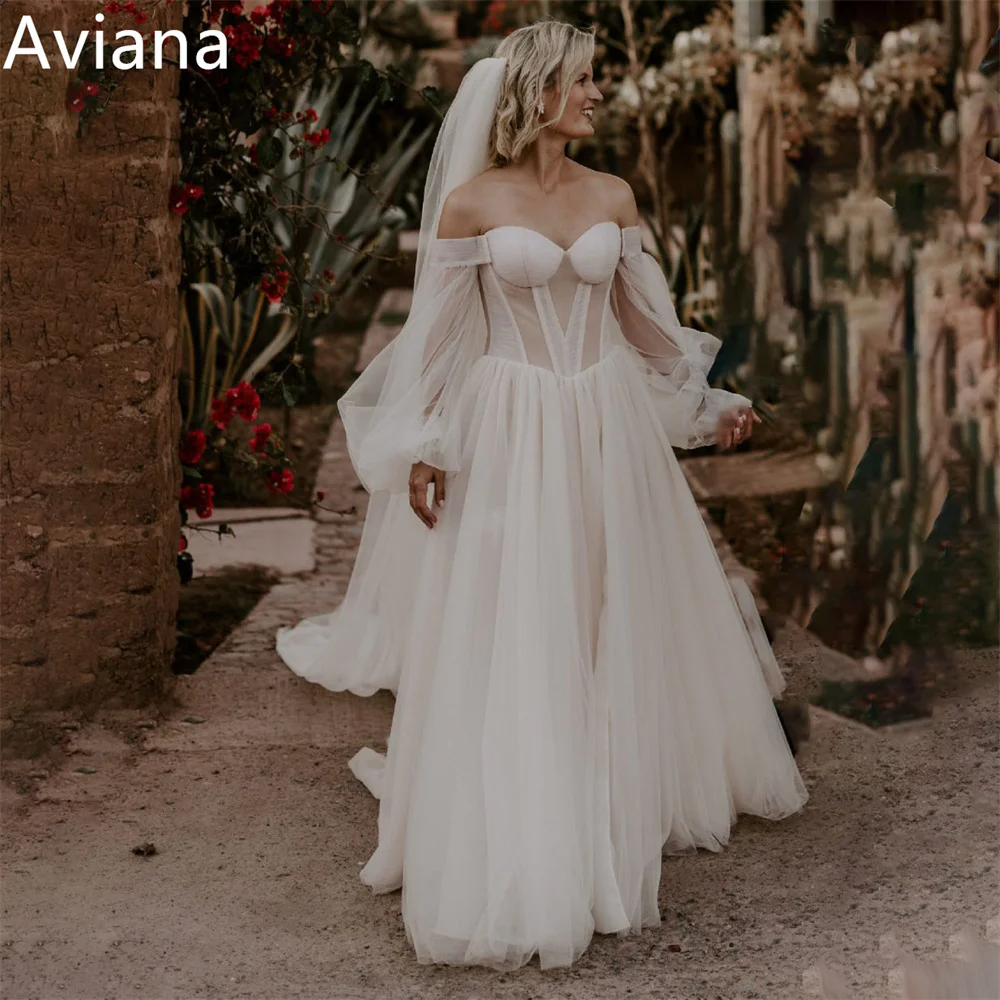 

Aviana Sweetheart Off Shoulder Long Sleeve Tulle A Line Wedding Dresses Backless Court Train Bridal Gowns Vestido De Novia