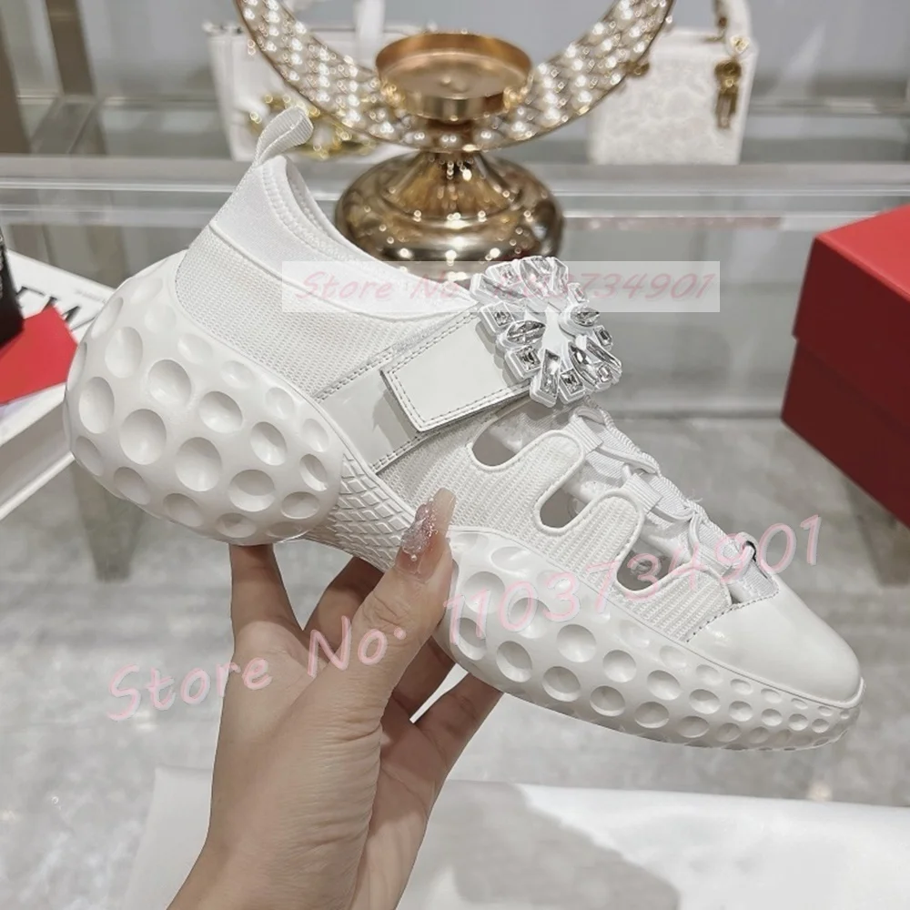 White Crystals Sport Shoes Women Hollow Platform Sole Runner Anti-Slip Sneakers Girls Fashion Casual Sheepskin Multi Belts Shoes