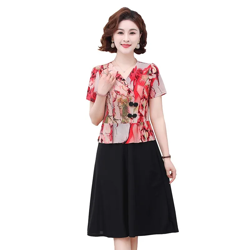 Women Summer Fashion Patchwork Floral V-neck Short Sleeve A-line Skirt Women Clothes Casual Appear Thin Printing Midi Dress