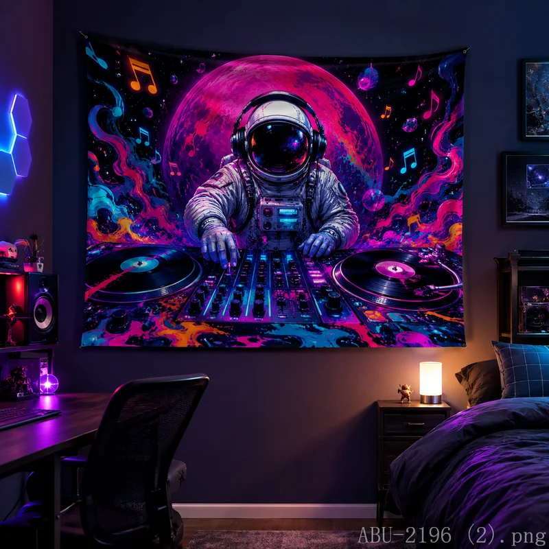 VIKAMA Psychedelic DJ Astronaut Tapestry Music Note Cosmic Planet Wall Hanging Aesthetic Background Decor Gaming Bedroom