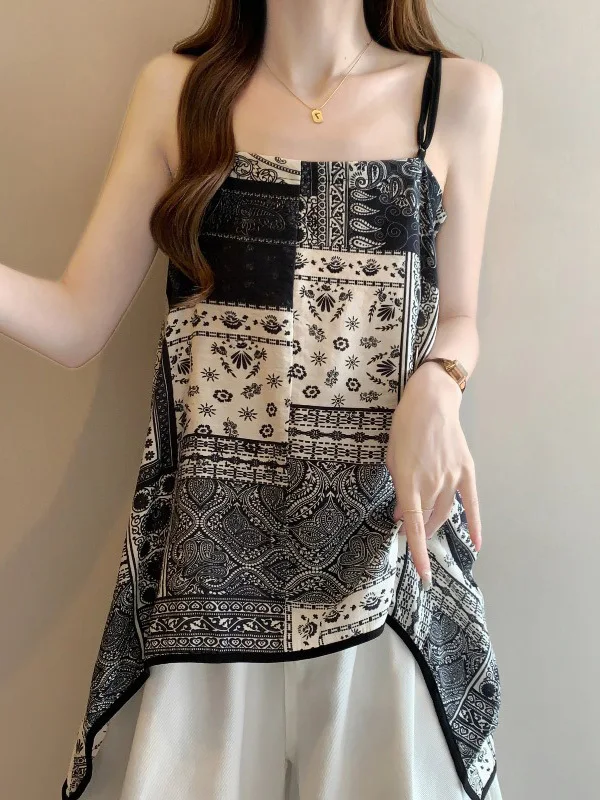 

Bohemian Style Sleeveless Wrap Vest Women's Summer New Large Size Fat MM Silk Scarf Outerwear Casual Print Loose Fit Top