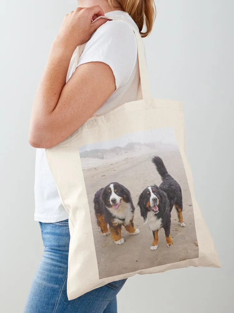 

Two Bernese Mountain Dogs on the beach Tote Bag canvas bags bag luxury women Woman shopper bag eco pack