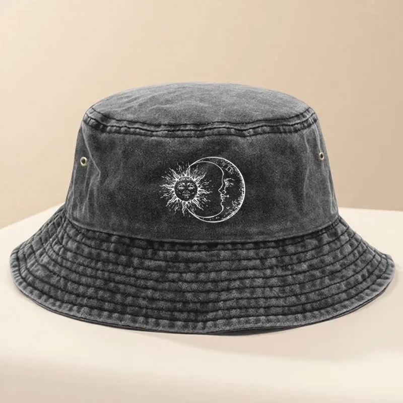Vintage Expedition-style Bucket Hat, Adorned with Moon and Sun Elements, Suitable for Fishing, Rock Climbing, Hip-hop Streetwear