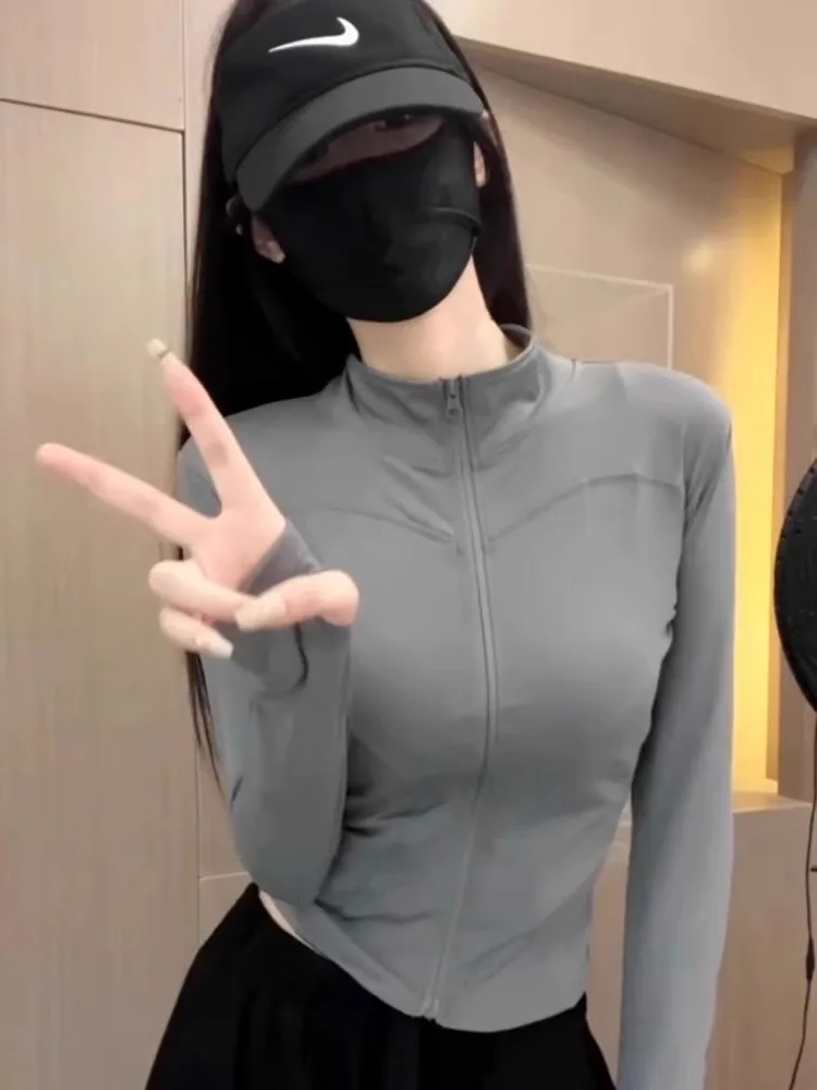 Gray Ice Silk Slim Fit Summer Sportswear Women's Sun Protection Shirt Thin Model Long Sleeve Zipper Short Length Breathable
