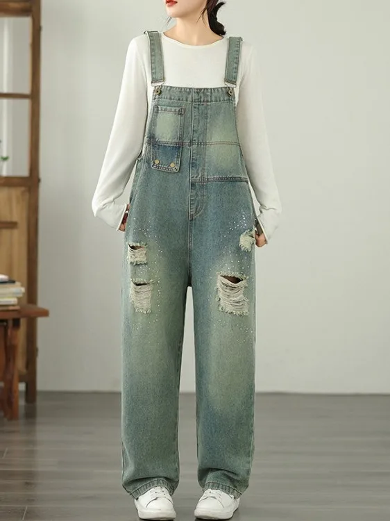 

Artistic Early Autumn Waed Denim Jeans Large Size Women's Loose Strap Straight Leg Pants Slimming Long Trousers
