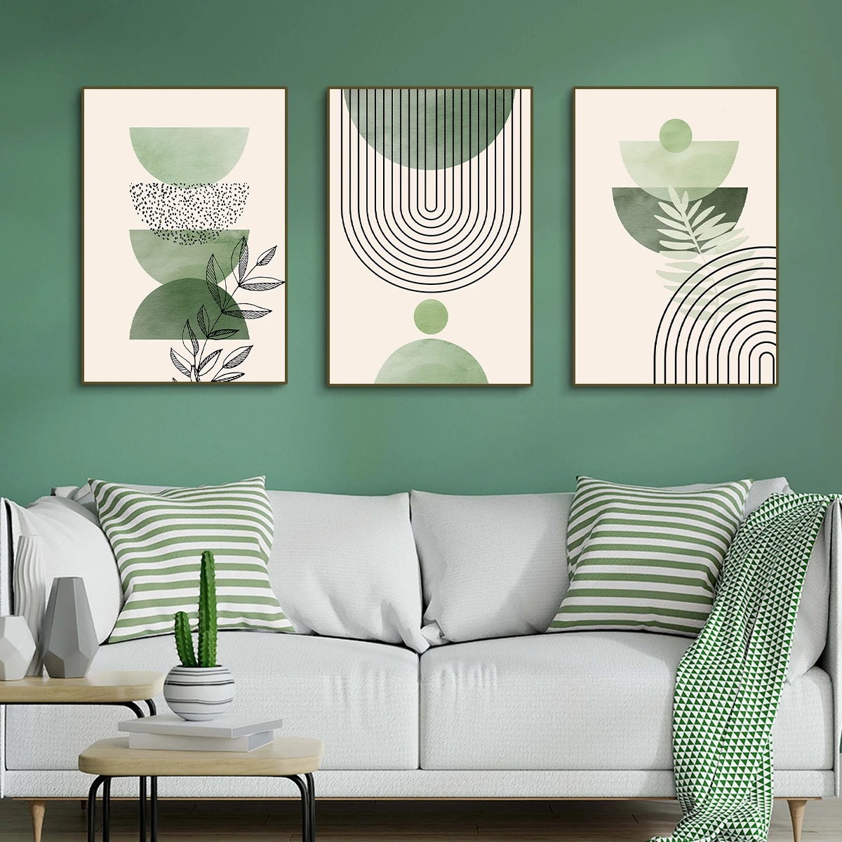 1/3pcs Bohemian Sage Green Leaves Geometric Prints Poster Modern Minimalist Abstract Art Prints Wall Art Home Decor Art Poster