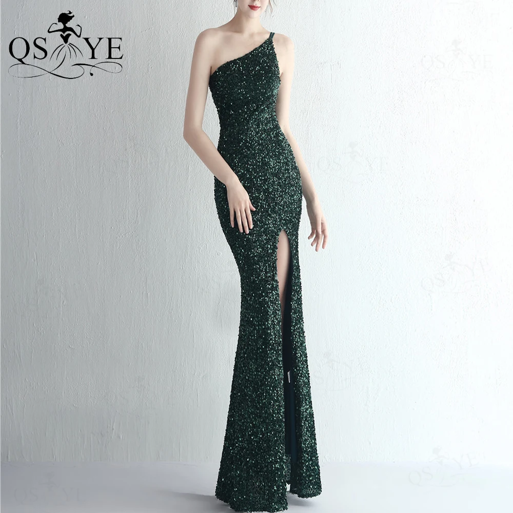 One Shoulder Green Evening Dresses Mermaid Sequin Prom Gown Glitter Lace Long Formal Party Open Split Women Fashion Prom Dress