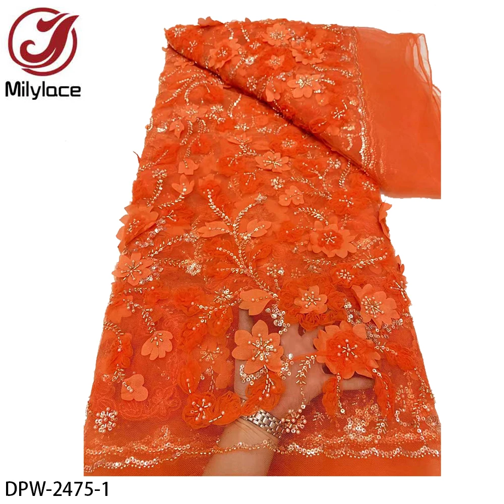 French Tulle Lace Fabric High Quality 3D Flower Embroidery African Beads Lace Fabric for Wedding Dresses  DPW-2475