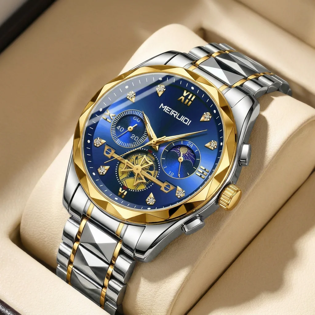 

1pcs Men's blue dial alloy strap vintage fashion open heart moon phase details Quartz Watch for business party holiday