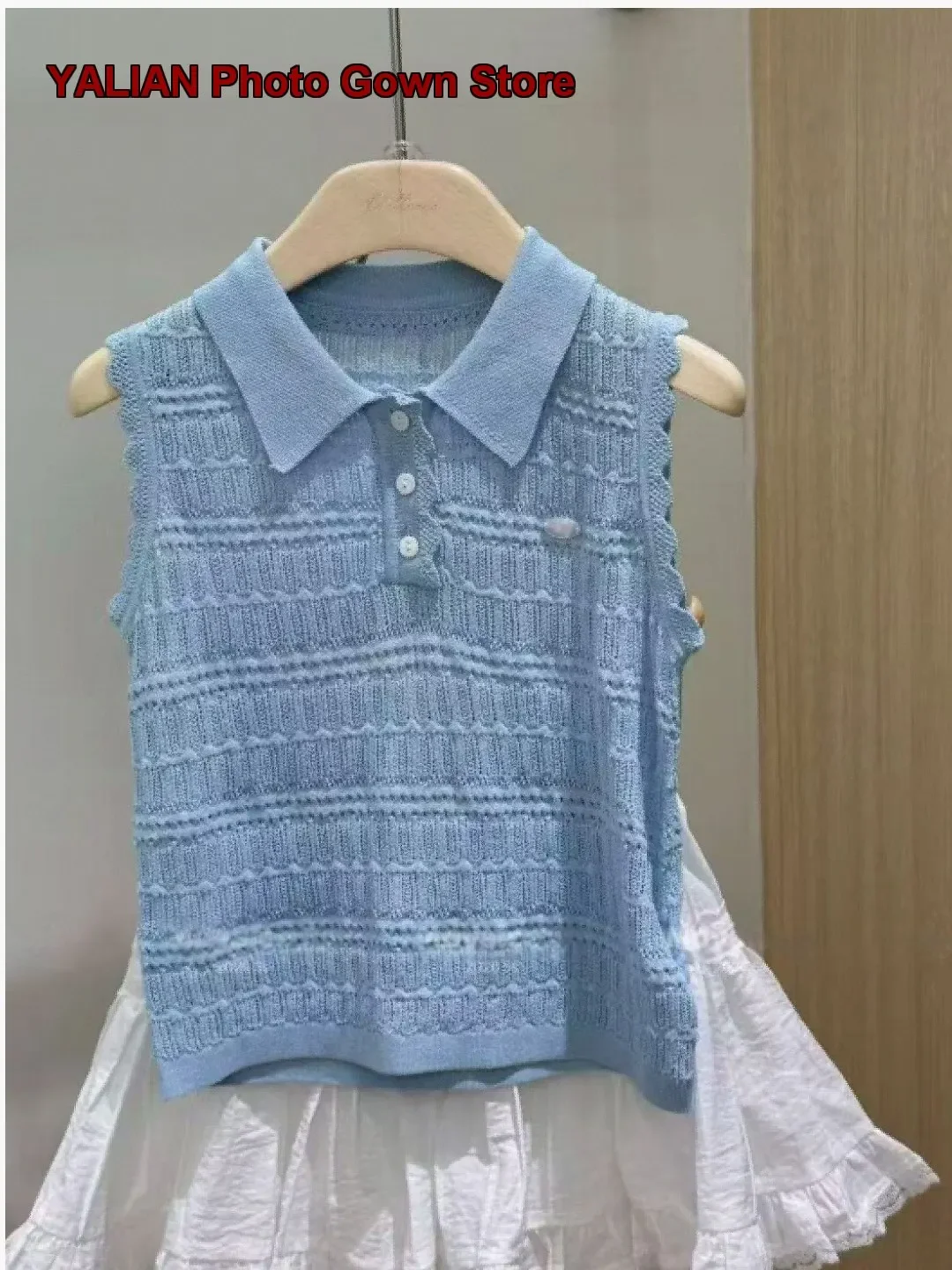 Girls Knit Vest Kids Summer Polo Collar Thin Hollow Out Base Layer Top Older Kids