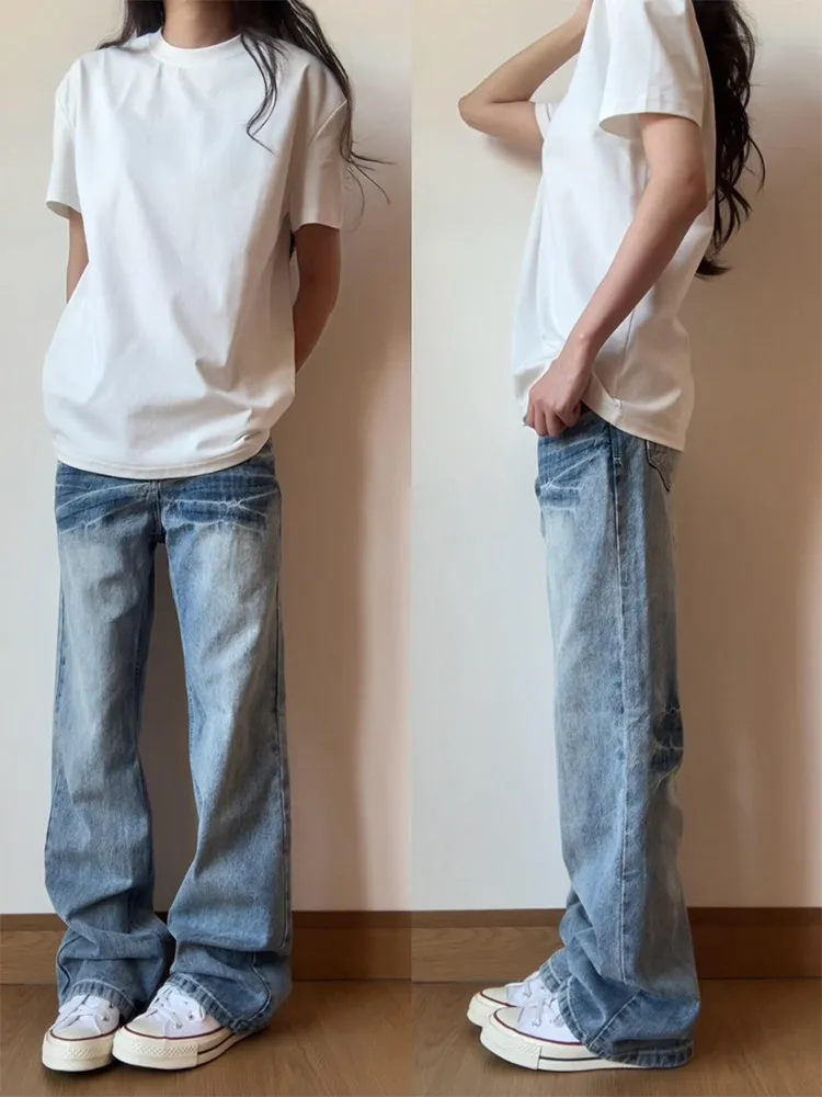 Washed Blue Lightning Pattern Men's Jeans Straight Leg Bell Bottoms American High Street Style Casual Wear for Autumn Winter
