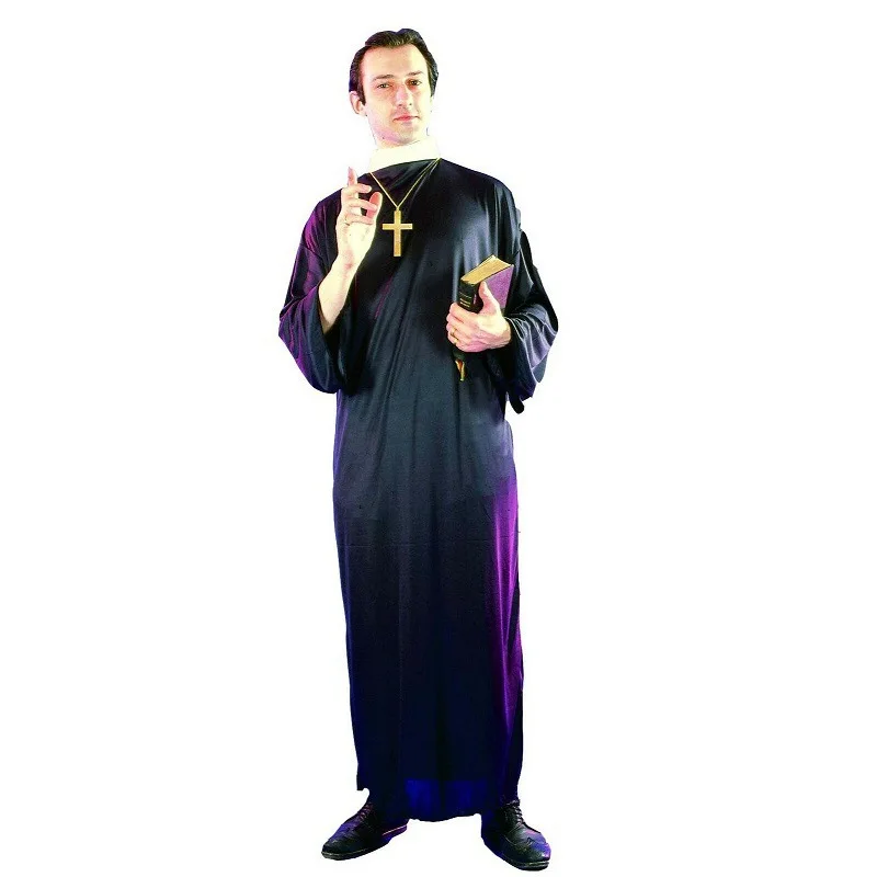 Adults Women Men Nun Virgin Mary Jesus Priest Cosplay Haloween Costumes with Cross Necklace Black Rope Outfit for Masquerade