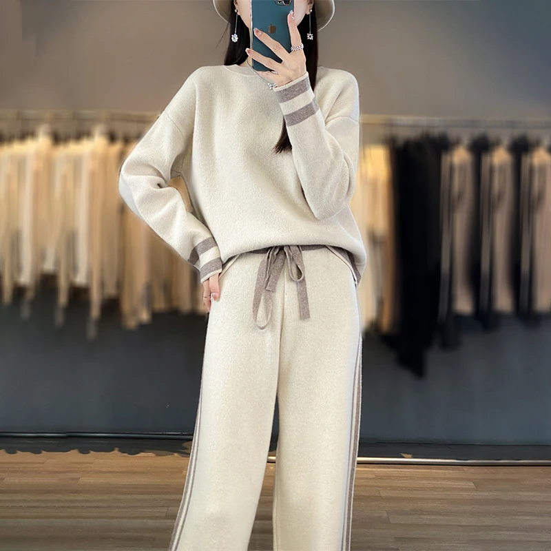 RONGYI 100% Merino Wool Women's O Neck Pullover Suit Autumn/Winter New Fashion Two-Piece Set Casual High Waisted Trousers Suit