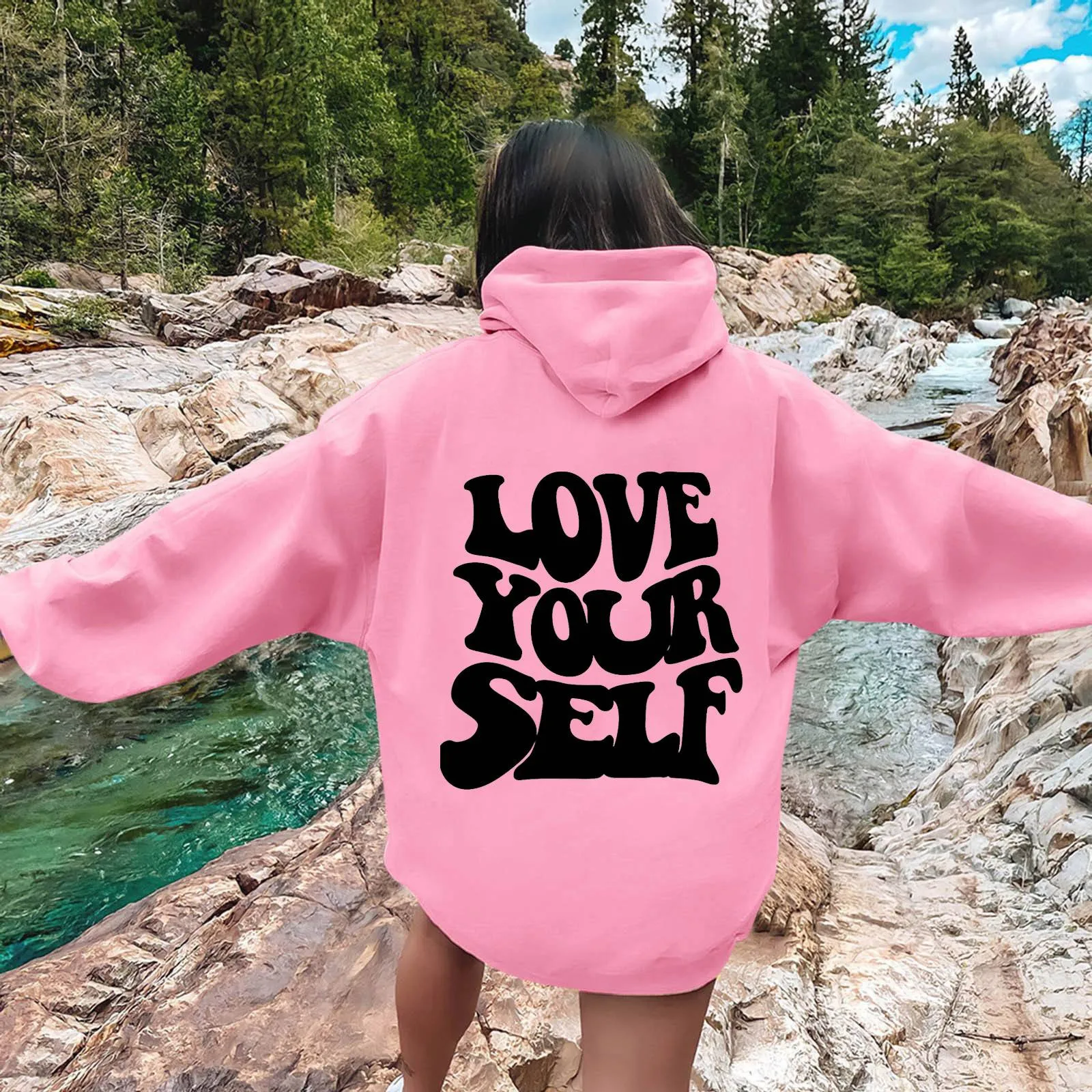 LOVE YOURSELF Ladies Oversized Letter Printed Hoodie Fashion Trend Loose Comfortable Casual Pullover Long Sleeve Warm Hoodie