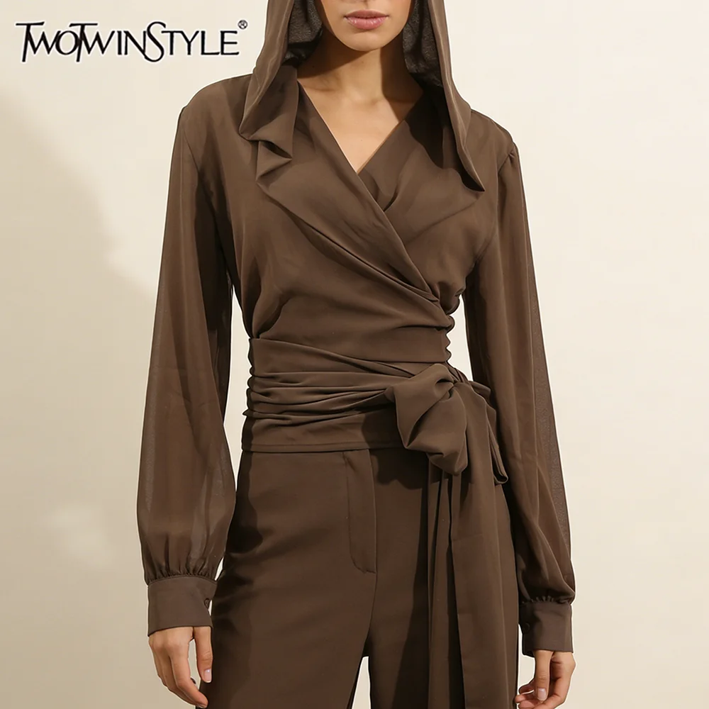 

TWOTWINSTYLE Coffee Loose Spliced Lace Up Shirt for Women V Neck Long Sleeve Vintage Streetwear Shirts Female Autumn Fashion New