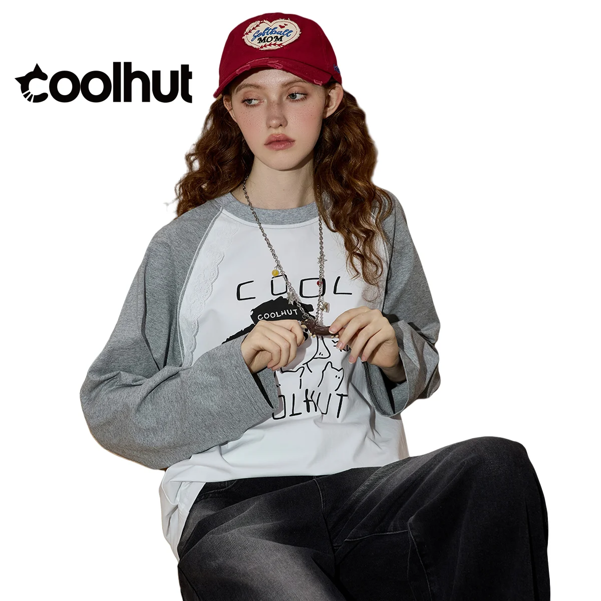 COOLHUT y2k graphic t shirts Women's American Retro Color Block Raglan Sleeve Tee Lace Trim Long Sleeve Casual Fall Graphic Top
