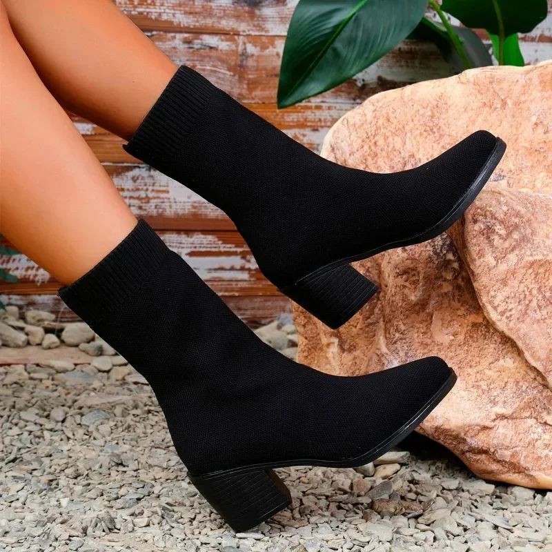 Inverno tecido elástico botas modernas deslizamento-em 2024 sapatos de alta qualidade para as mulheres moda novo dedo do pé apontado plus size meados de bezerro botas