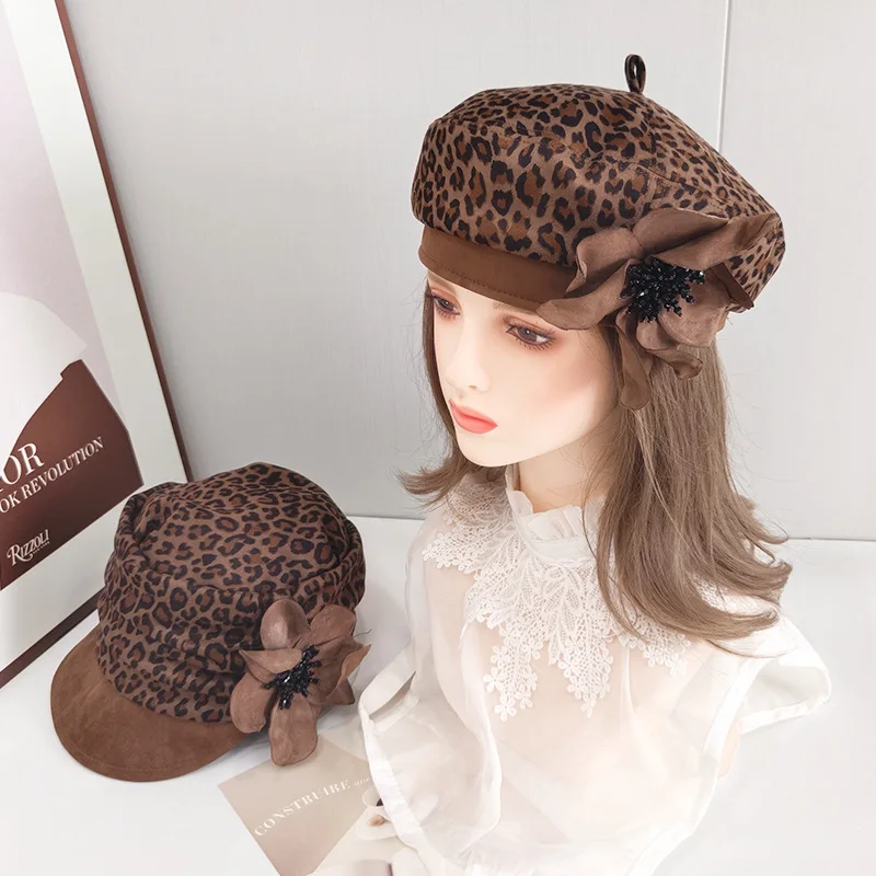 Original Design Leopard Print Pleated Equestrian Hat Sweet Fashionable Korean Style Crystal Flower Beret Girl's Painter Hat