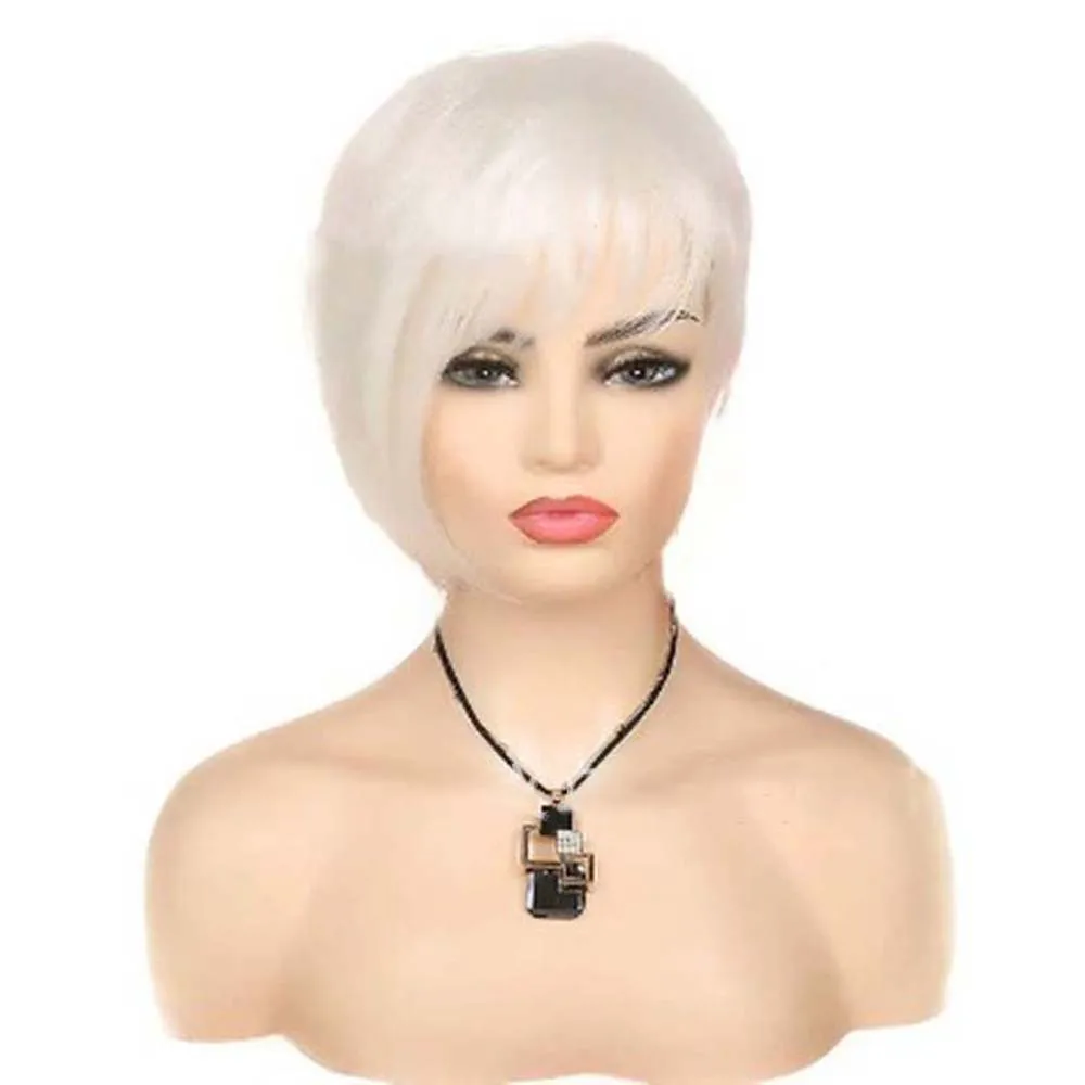 Short Silver Ombre White Synthetic Wig For Women Natural Straight Fluffy Hair With Bangs Heat Resistan Fiber Cosplay Wigs