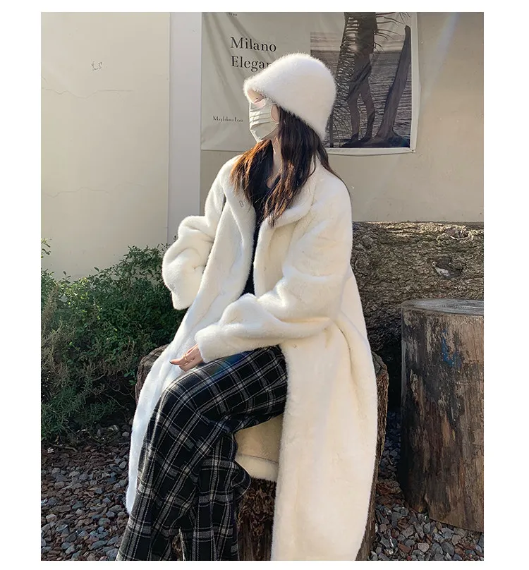 Women's Thick Faux Mink Fur Mid-length Coat Autumn Winter Fashion Stand Collar Plush Outerwear Women Elegant Warm Fluffy Jackets