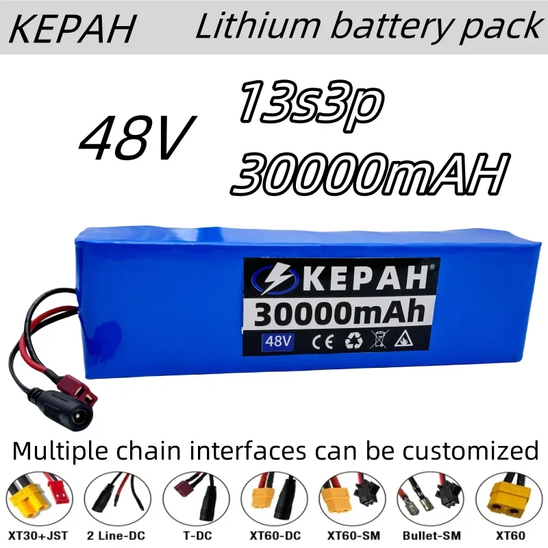 54.6V 30AH 18650 high-quality lithium-ion battery pack, 48V, 30000mAh, 2000W, 13S3P, 52V, with BMS and 54.6V charger