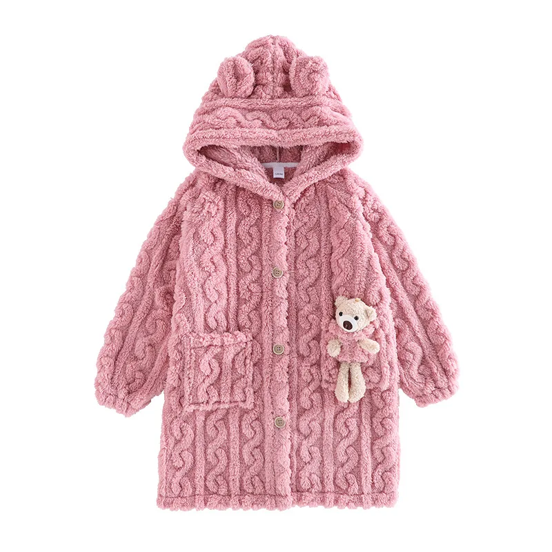 Boys Girls Flannel Hooded Pajamas Bath Robe Autumn Winter Children Bathrobe Soft Solid Kids Sleepwear Baby Cute Homewear Clothes