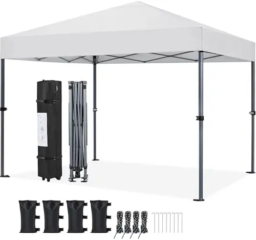 10x10 Pop Up Canopy Tent 1-Button One Person Quick Setup, White | Portable Easy Set-up Commercial Gazebo Equipped with