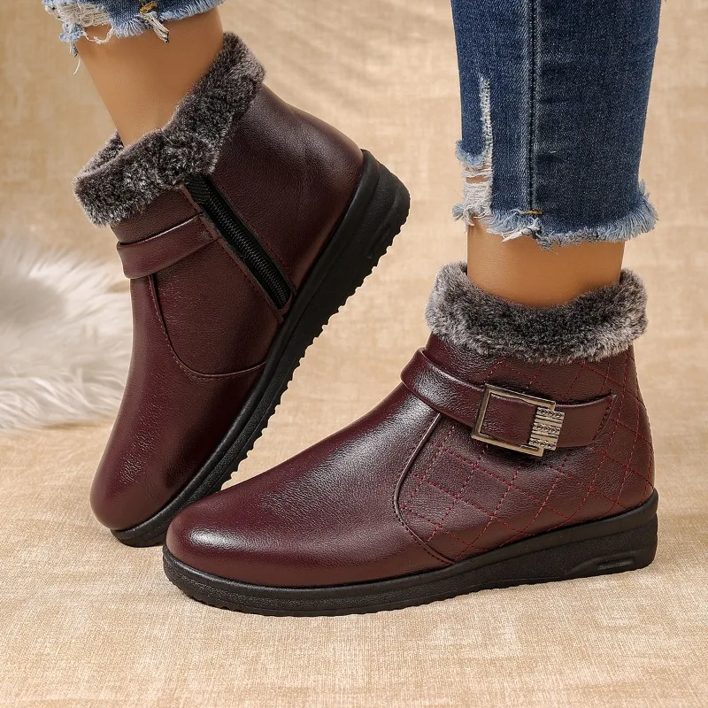 2026 New Buckle Decor Splicing Side Zipper Women's Snow Boots Winter Fashion Fleece Lined Warm Lightweight Comfort Women Shoes