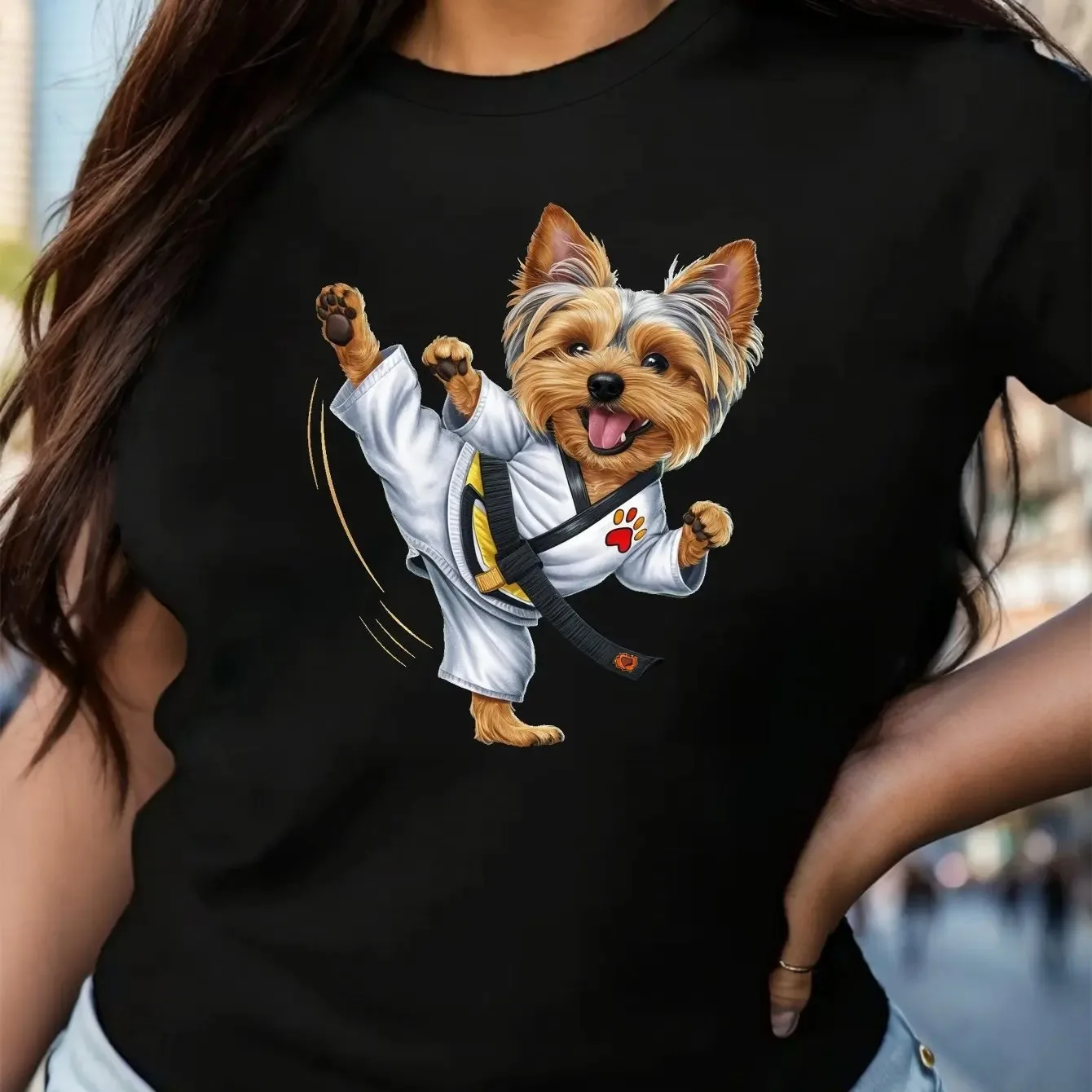 Yorkshire Terrier Martial Arts Print T-Shirt, kurzärmeliges Freizeit-T-Shirt mit Rundhalsausschnitt für Frühlings- und Sommer-Damenbekleidung