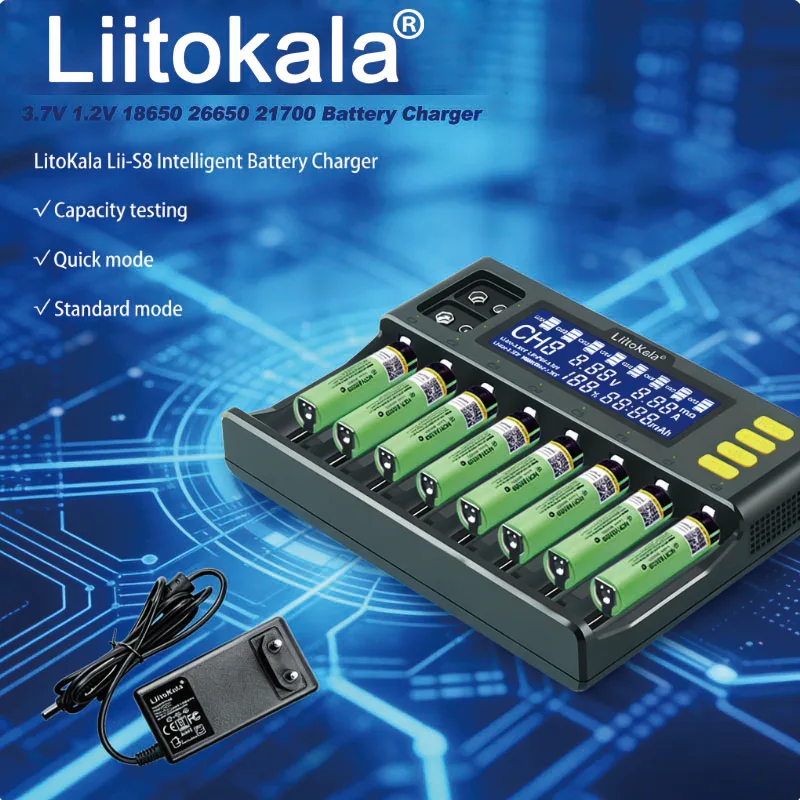 

LiitoKala Lii-S8 18650 Battery charger 8-Slot Auto-Polarity Detect For 26650 21700 14500 10440 16340 1.2V 3.7V battery