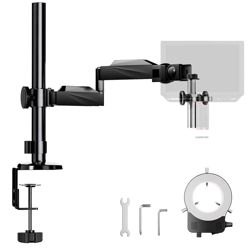 Universal Adjustable Direction Rotate Arm Digital Microscope Bracket Table Clamp with Led Ring Light For 4k Soldering Microscope