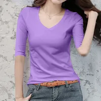 Slim Fit V-Neck T-Shirt Women's Mid-Sleeve Fashionable Bodycon Purple Top Polyester Fiber Regular Sleeve Chinese Production