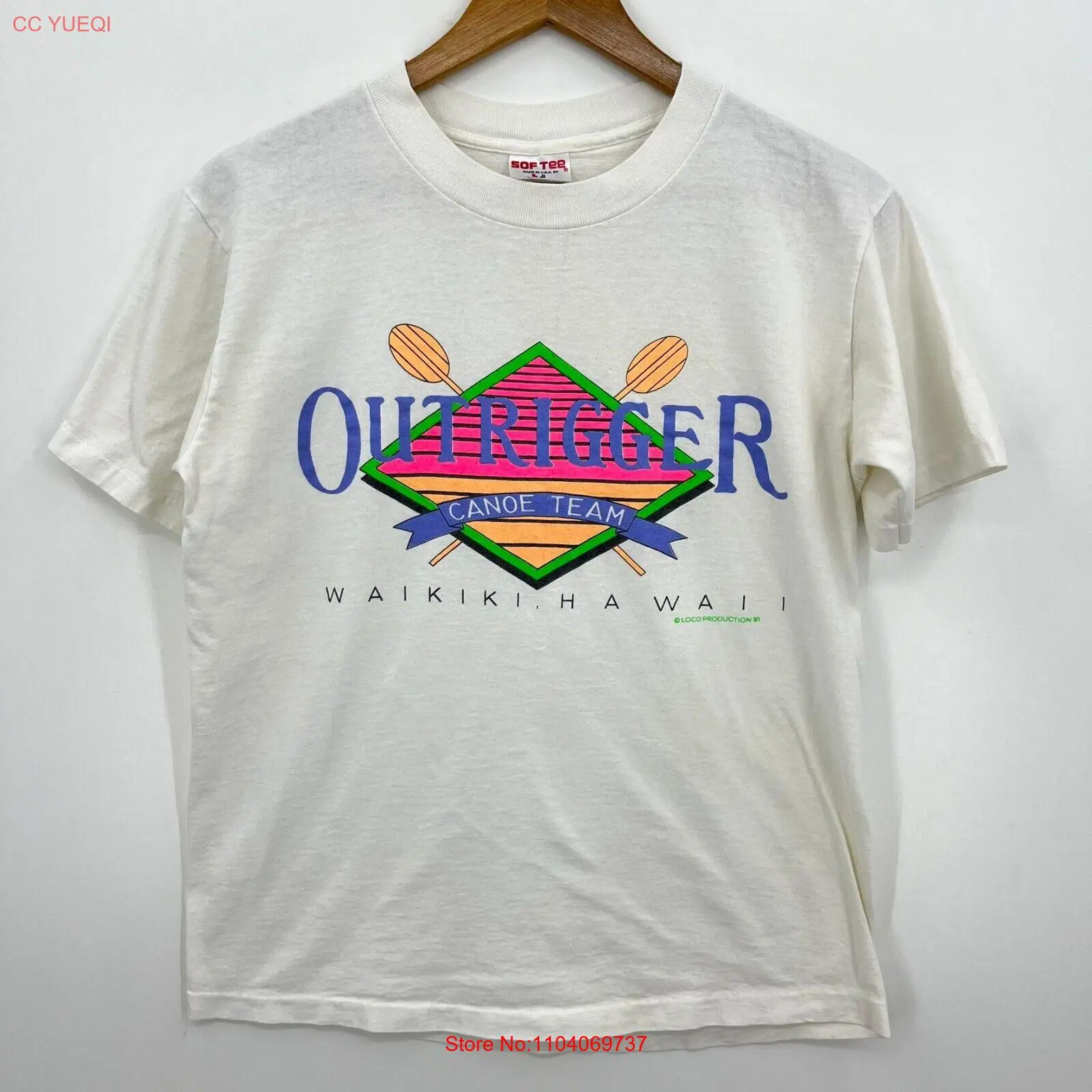 SofTee T-Shirt Adult M White Outridger Canoe Team Waikiki Hawaii 1991 Vtg USA