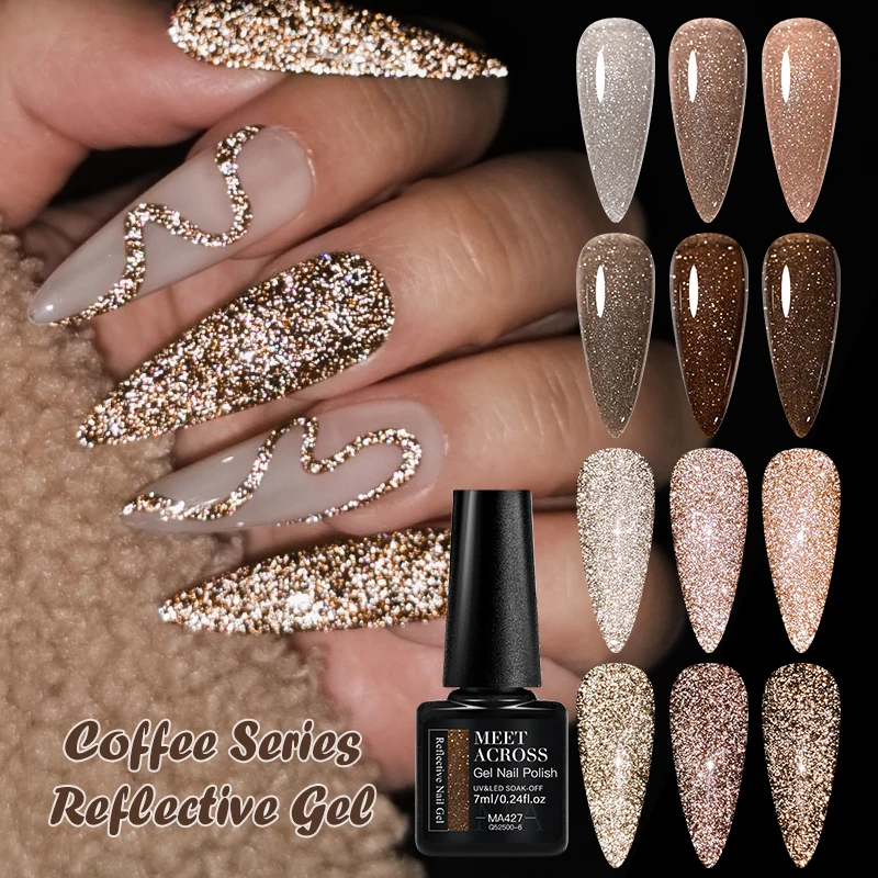 MEET ACROSS 7ml Coffee Series Reflective Gel Nail Polish Winter Autumn Glitter Dark Flashy Effect Nail Art Gel Varnish Manicure