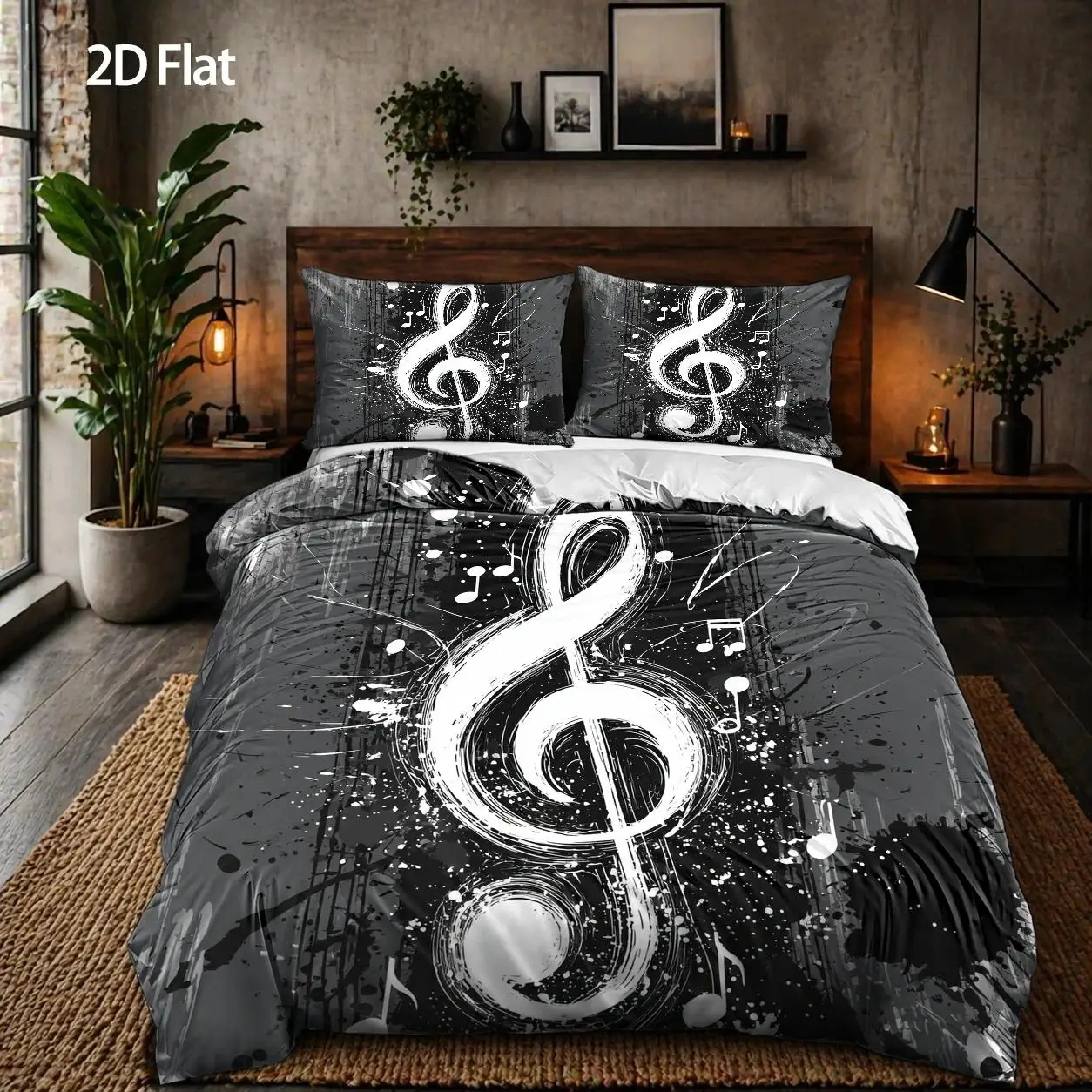 3-Piece Quilt Cover Set, 1 Quilt Cover + 2 Pillowcases (Without Filling), White Music Symbol Theme, Abstract Graffiti Style, Music Festival, Machine Washable, Suitable for Home, Dormitory, Master Bedroom, Guest Room