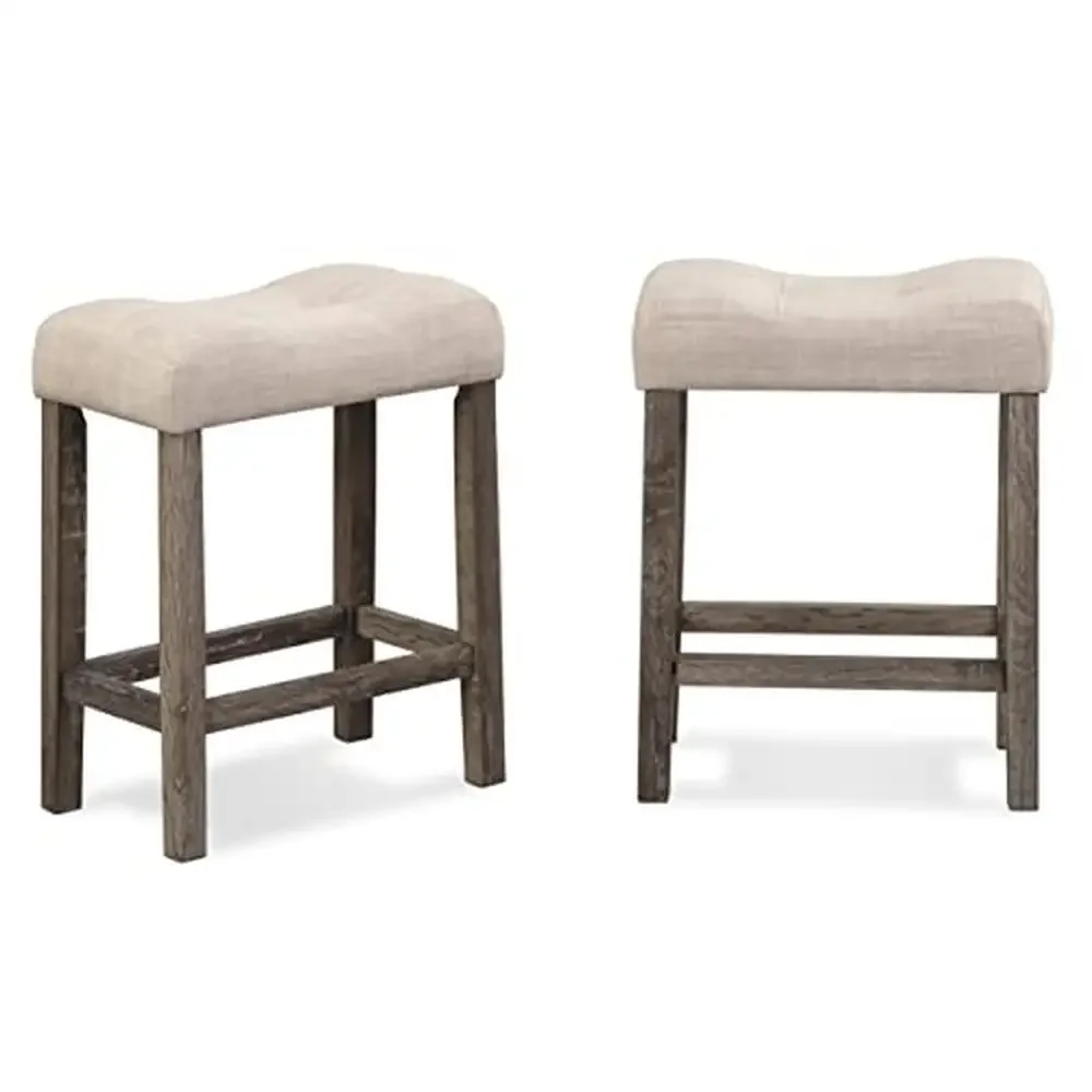 Button Tufted Counter Height Saddle Stools Set of 2 Solid Wood Frame Fabric Upholstery Square Seat