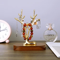 Golden Metal Deer Jewelry Holder with Wooden Base Bracelet Earrings Necklace Watch Jewelry Organizer Holder Stand
