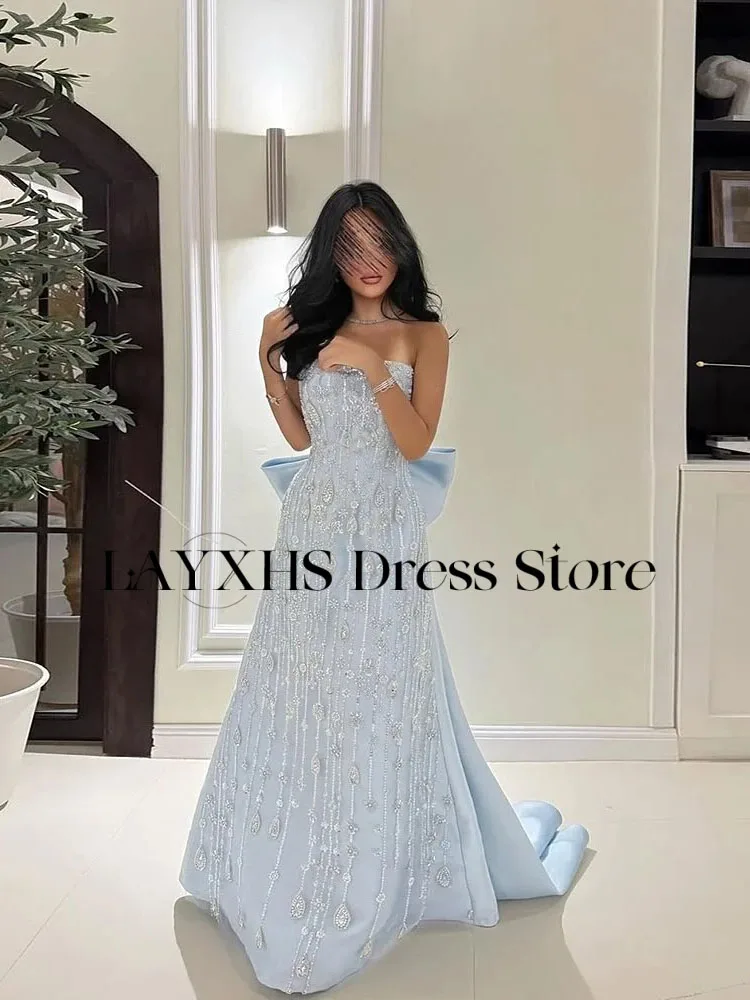 LAYXHS Luxury Blue Strapless Evening Dresses Mermaid Lace Beaded Back Bow Prom Dresses Customized فساتين سهرات